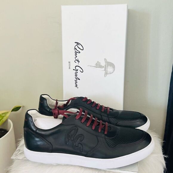 ROBERT GRAHAM Barrelman Leather Sneaker, Designer Black/Red Laces Size 11.5, NWT - Picture 13 of 16